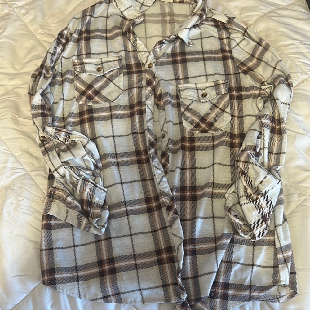 Men's Plaid Shirt - Brown and White